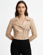 Cropped Real Leather Biker Jacket for Women - Image 17