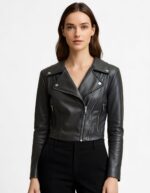 Cropped Real Leather Biker Jacket for Women - Image 4