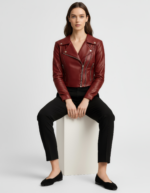 Cropped Real Leather Biker Jacket for Women - Image 15