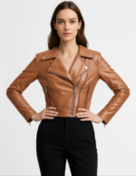 Cropped Real Leather Biker Jacket for Women - Image 2
