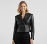 Women's Real Leather Double Breasted Blazer - Image 4