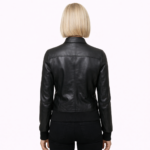 Women’s Black Leather Bomber Jacket - Image 2