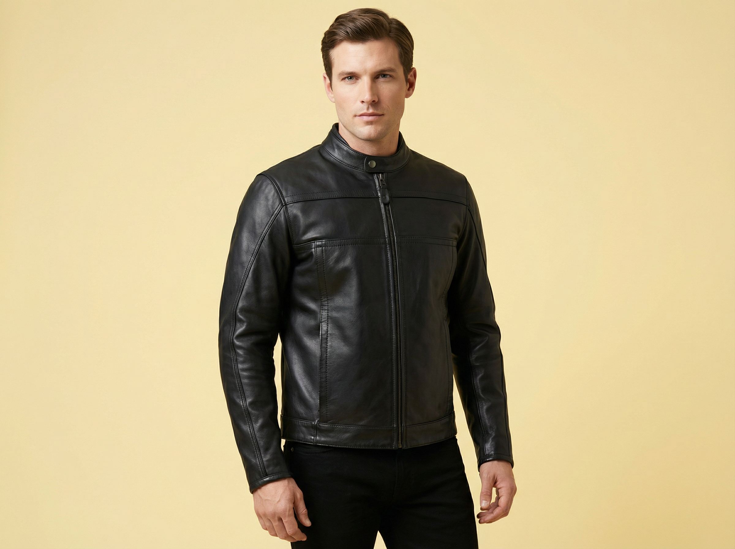 Front 2 Clean Look Black Biker Leather Jacket - Image 1