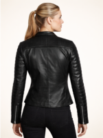Women Collarless Biker Black Leather Jacket - Image 2