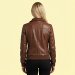 Front Pocket Brown Leather Bomber Jacket For Women - Image 2