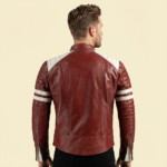 White Strips Red Biker Leather Jacket - Image 2