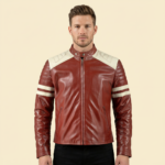 White Strips Red Biker Leather Jacket