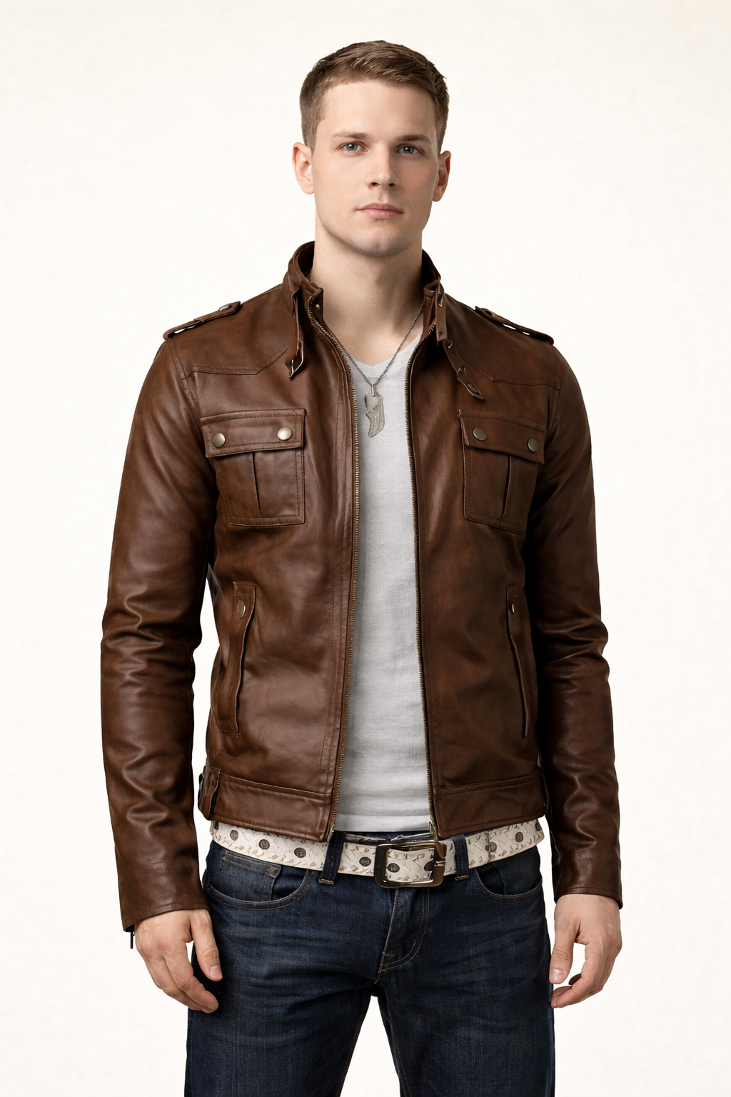 front 8 Biker Slim Fit Leather Jackets - Image 1