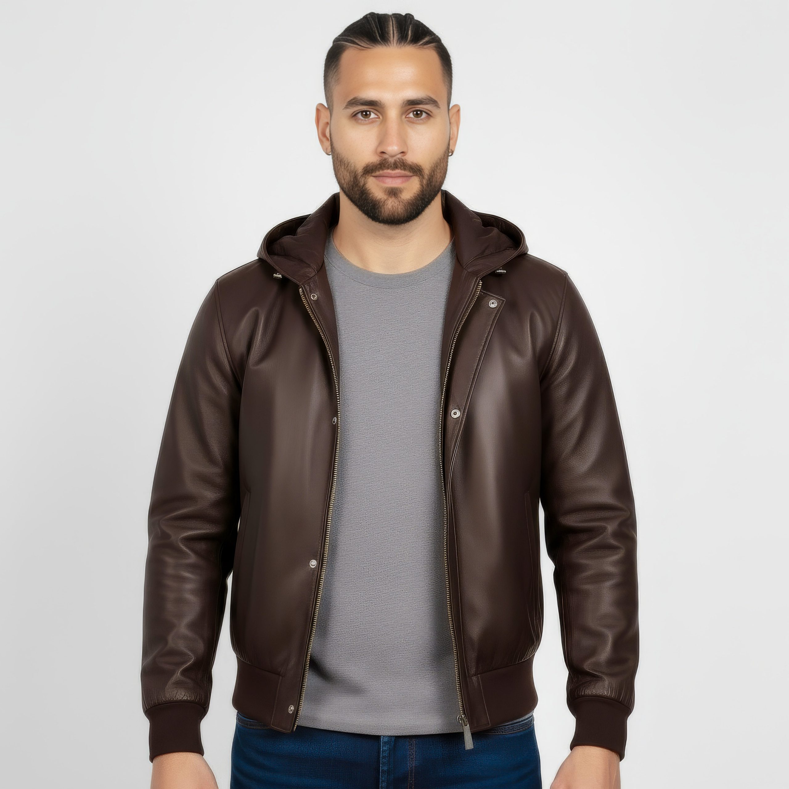 Real Leather Hooded Bomber Jacket for Men