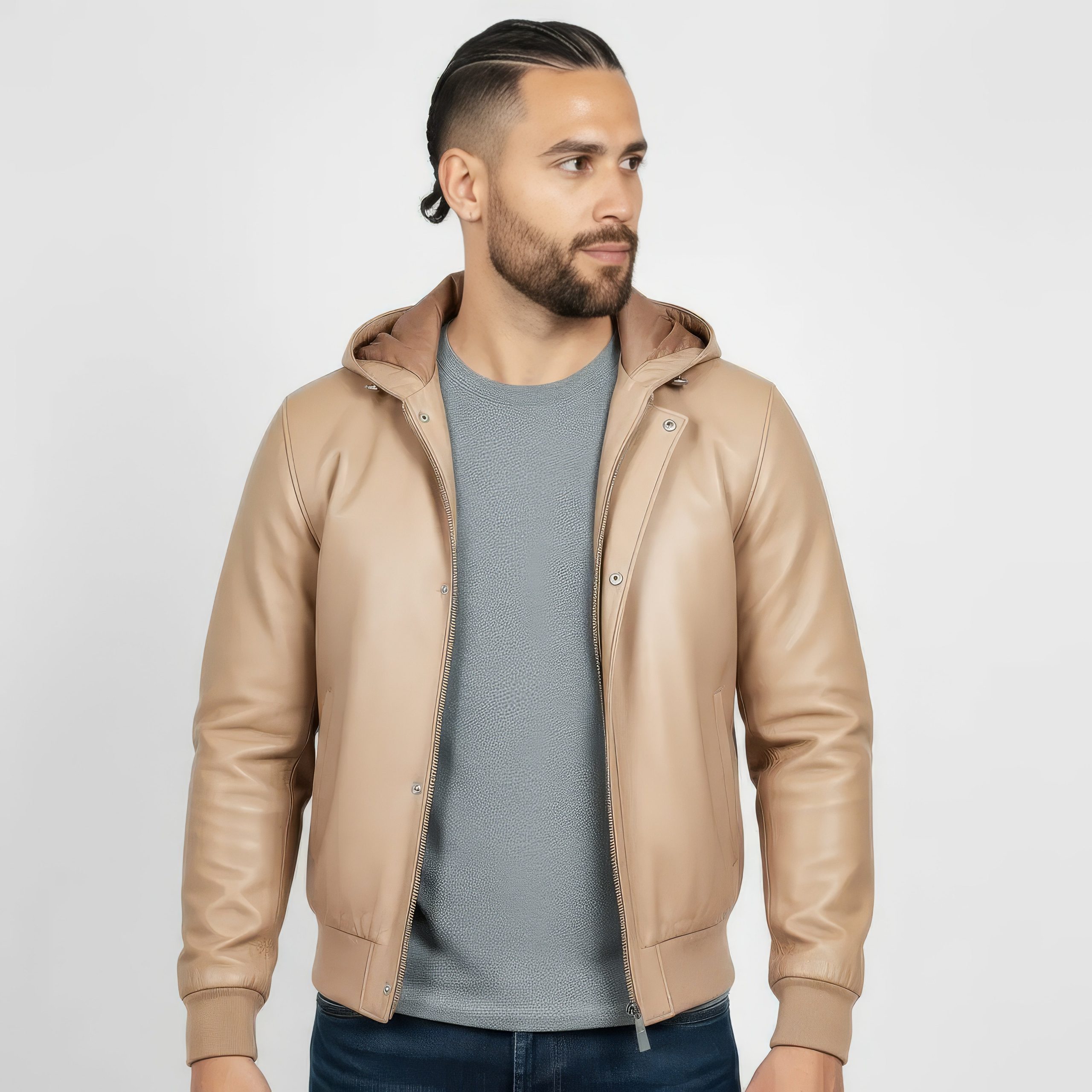 Real Leather Hooded Bomber Jacket