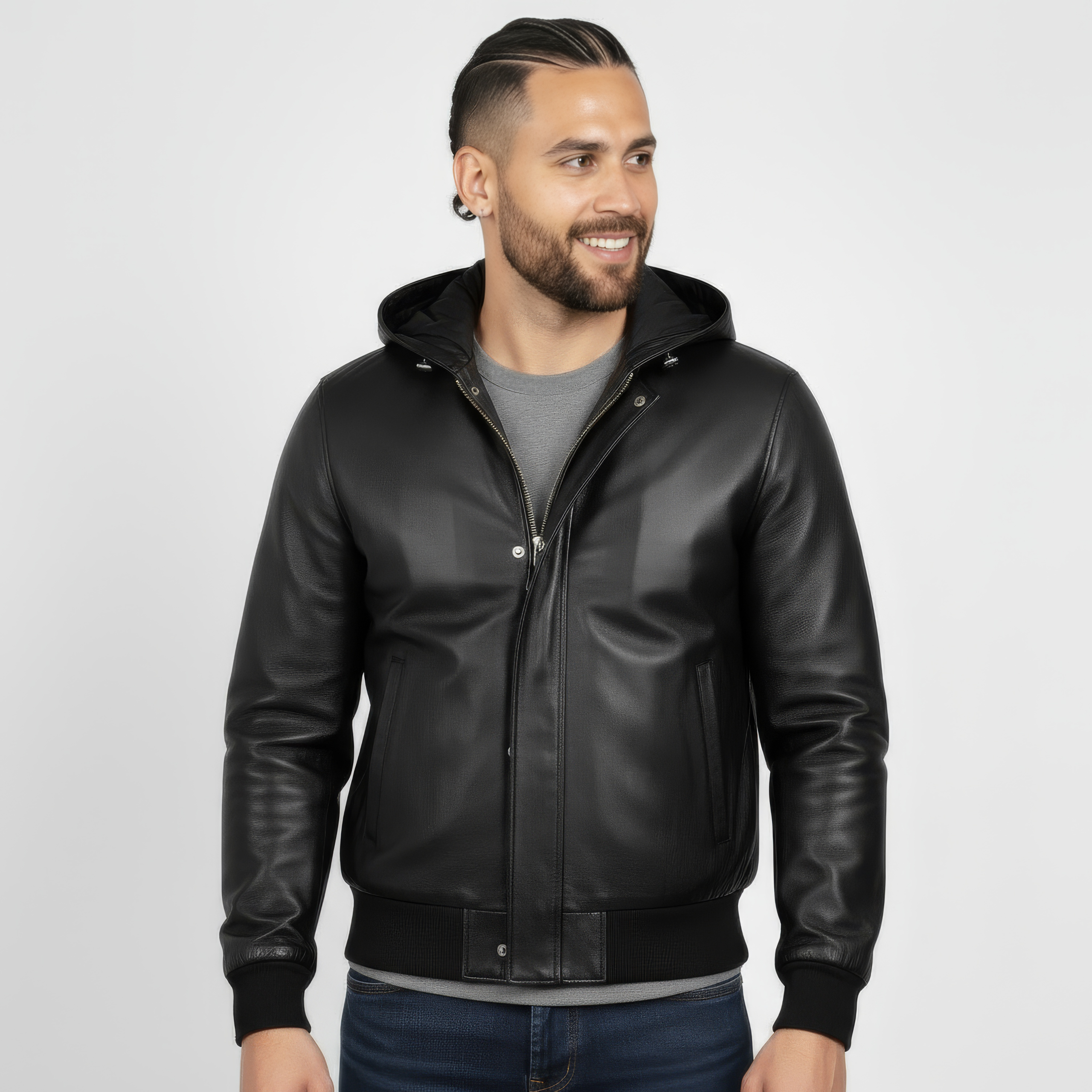 Men's Real Leather Hooded Bomber Jacket