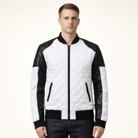 Men’s Fashion White Bomber Leather Jacket